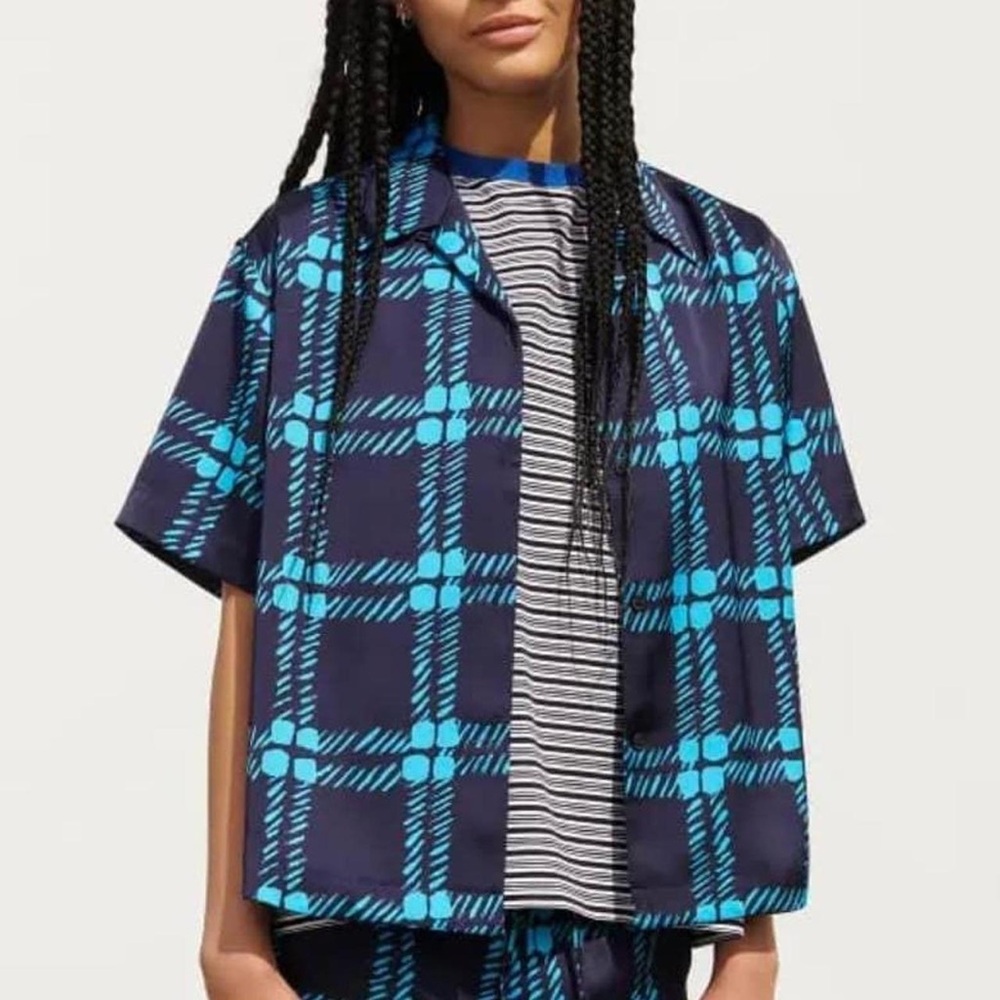 Marni x‎ Uniqlo Women's Oversized Plaid Print Short Sleeve Top Blue Black Medium